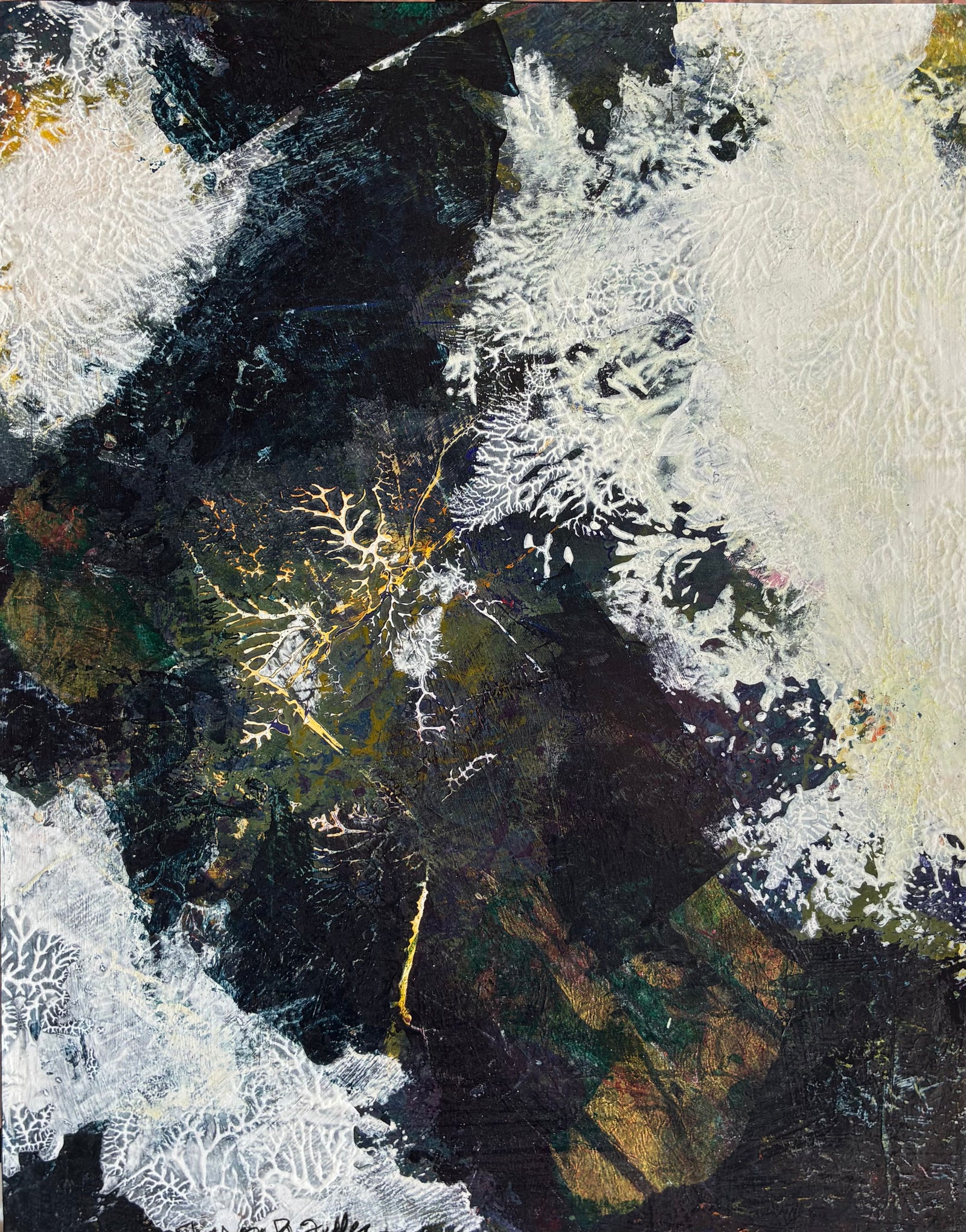 An abstract painting featuring textured, crystalline white patterns over a dark background of black, deep blue, and earthy brown tones with subtle gold highlights.