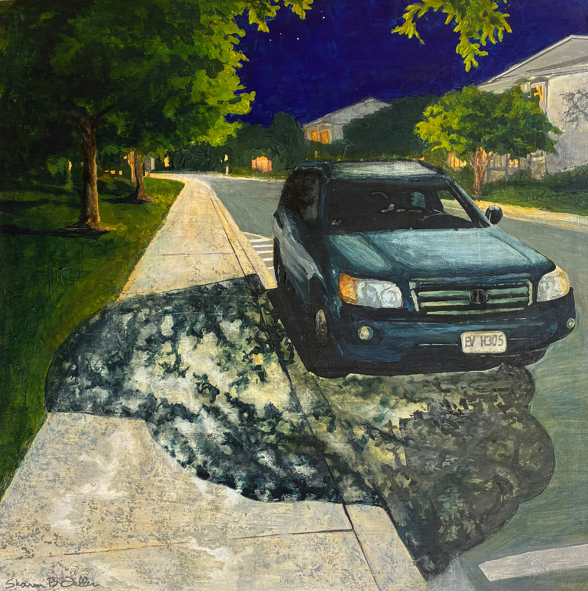 An impressionistic painting of a dark car parked on a street at night, with a large shadow on the pavement and trees along the sidewalk.