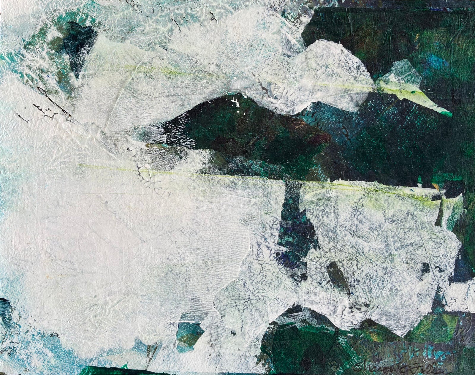 An abstract mixed-media painting featuring textured layers of white, blue, deep green, and turquoise, with visible brushstrokes and collage elements.