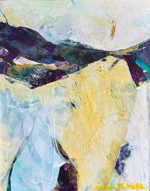 An abstract landscape painting featuring a large textured yellow form surrounded by blue and white brushstrokes with a dark purple, teal and gold horizontal division under a pale sky. 